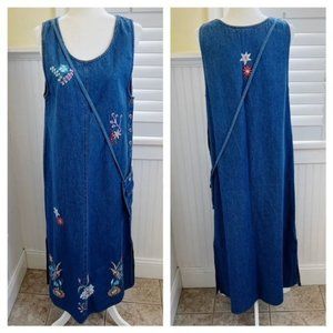 Apago Vintage Denim Embroidered Floral Sleeveless Dress with Crossbody Bag
